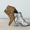 Brown cheetah-print and white snakeskin patterned ankle boots