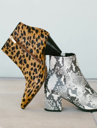 Brown cheetah-print and white snakeskin patterned ankle boots