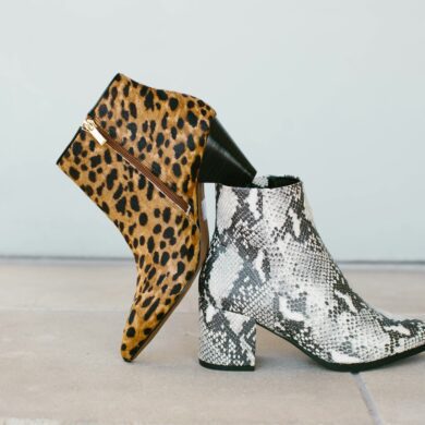 Brown cheetah-print and white snakeskin patterned ankle boots