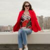 woman wearing red coat